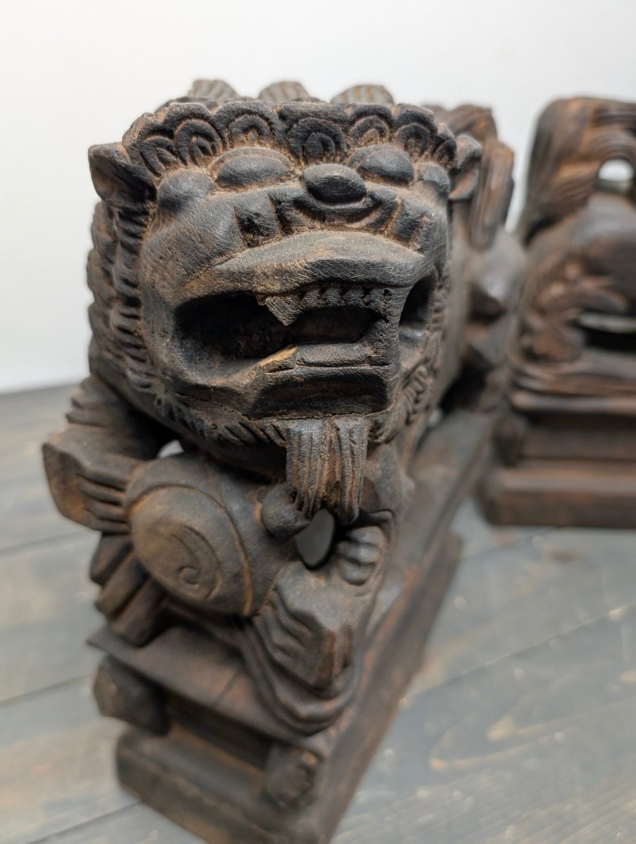 Wooden Lion Carvings Set of 2 from Burma - Crap4Cash -