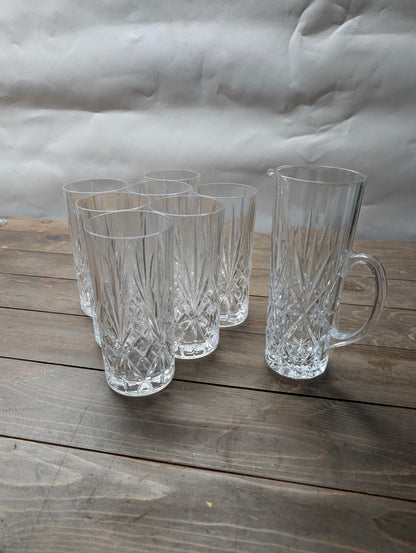 7 Cristal D'Arques Thin Tall Glasses with one Matching Pitcher