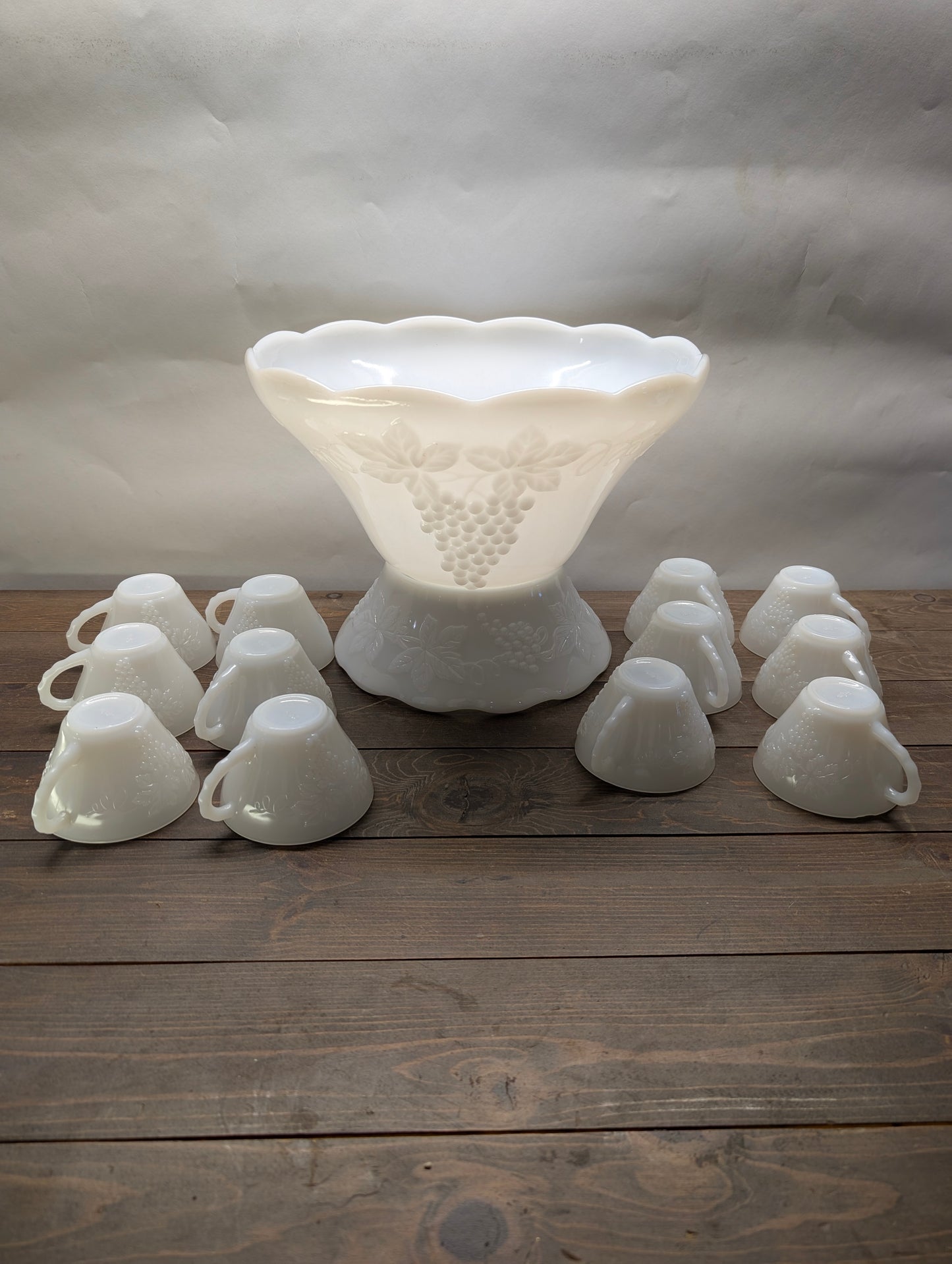 14 piece Anchor Hocking Milk Glass Punch Bowl Set