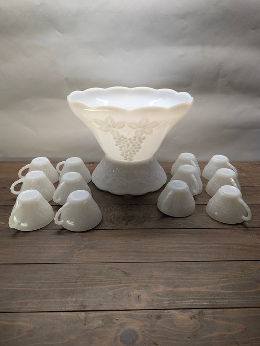 14 piece Anchor Hocking Milk Glass Punch Bowl Set