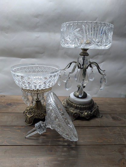 Vintage "Hollywood Regency" Style Mounted Crystal Candy Bowls Cane and Pinwheel
