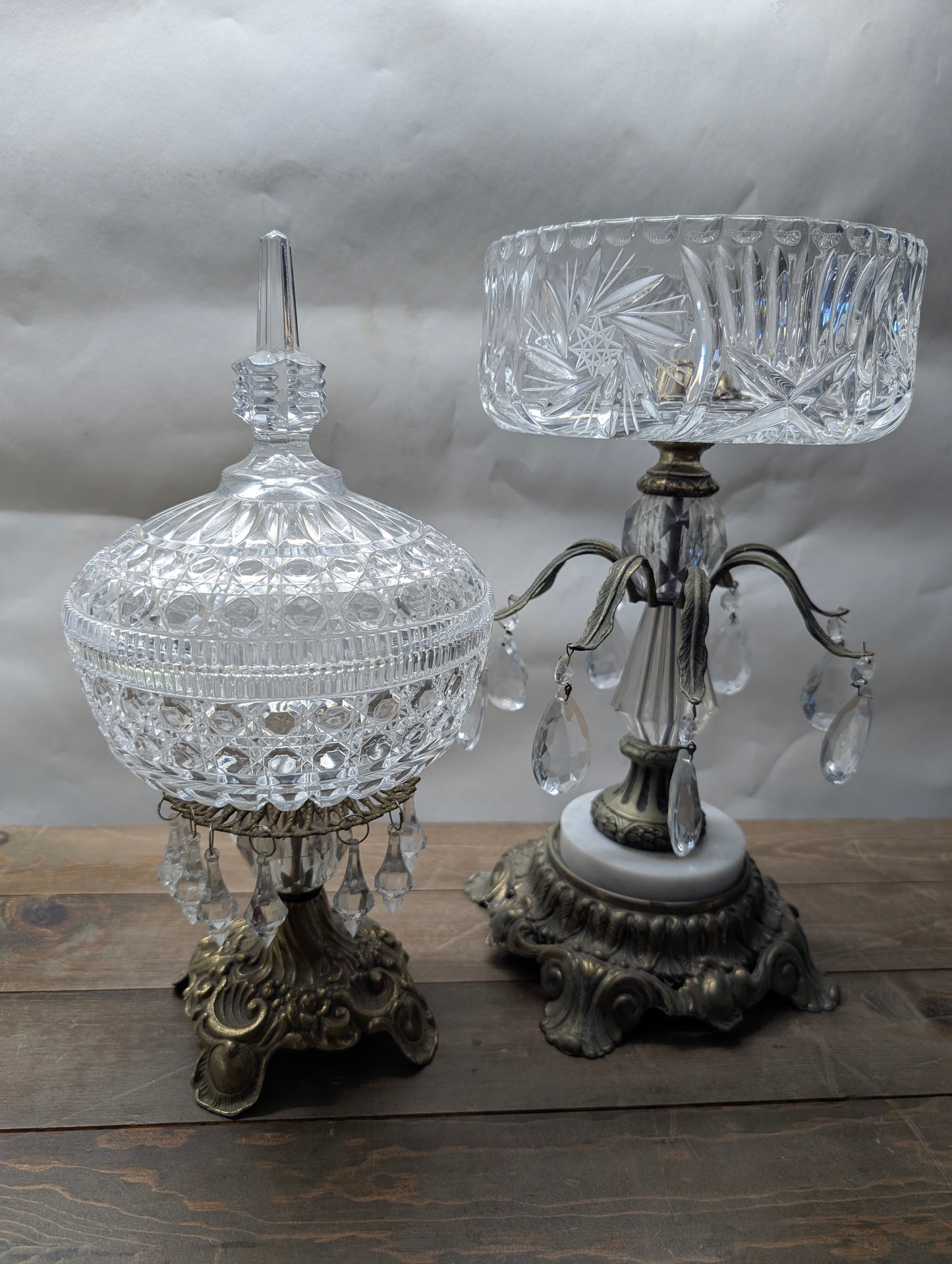 Vintage "Hollywood Regency" Style Mounted Crystal Candy Bowls Cane and Pinwheel