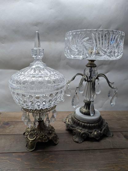 Vintage "Hollywood Regency" Style Mounted Crystal Candy Bowls Cane and Pinwheel