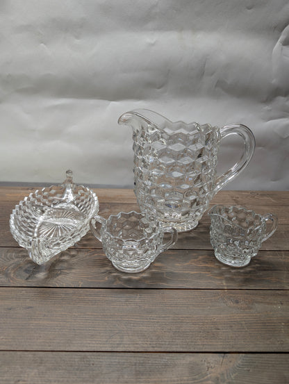 4 Vintage Fostoria Cubist Pieces Relish Dish, Large Pitcher, Sugar Bowl, and Cream pitcher